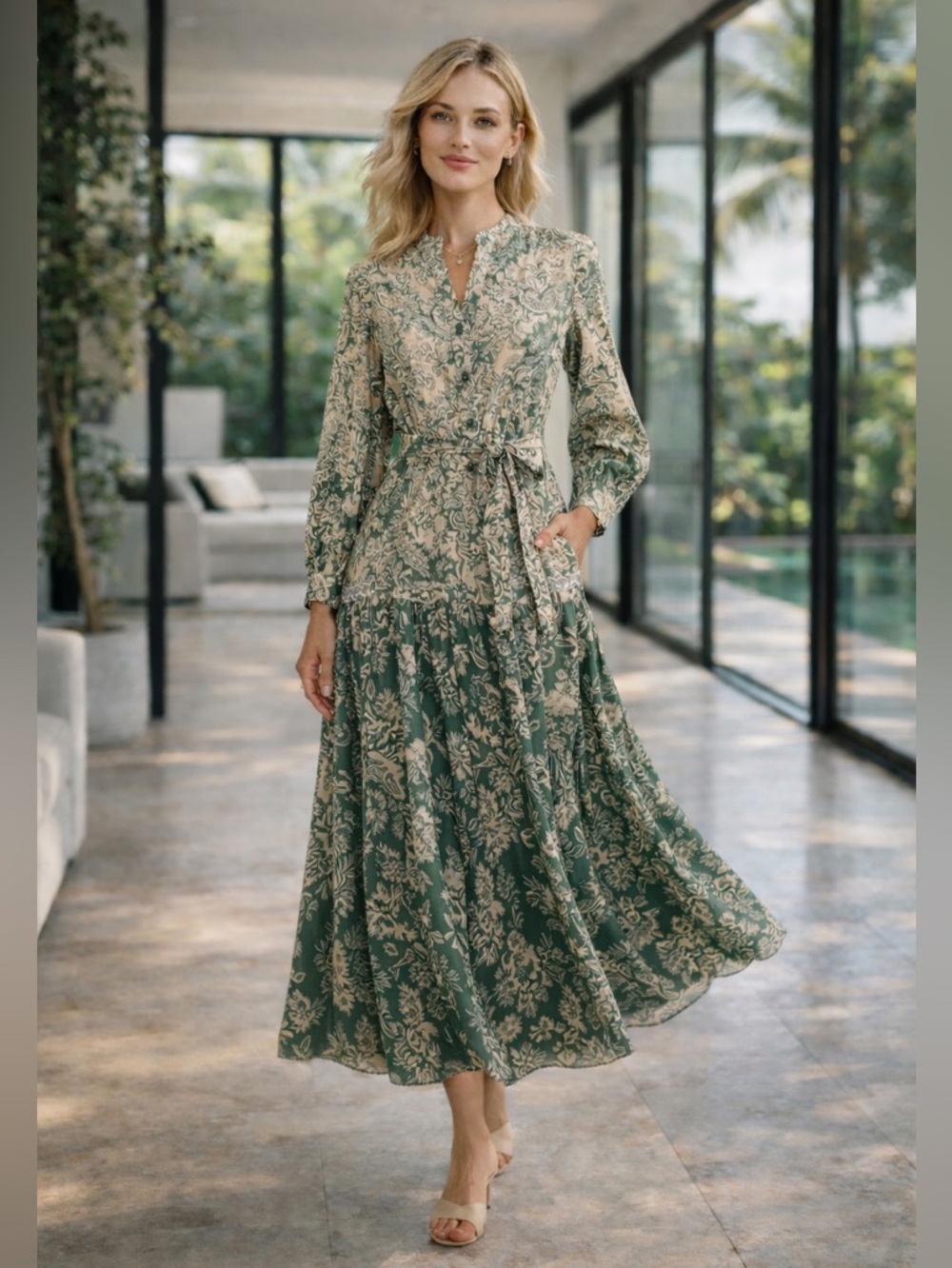 New Women's Green Paisley Maxi Dress with Long Sleeves one size - Picture 4 of 15